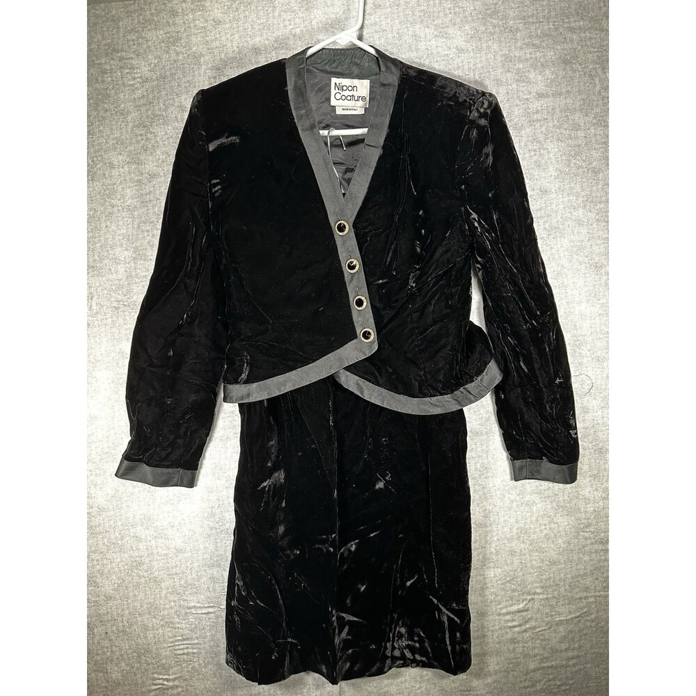 Vintage Nipon Coature 2 Piece Midi Skirt Suit Black Velour 4 Button Blazer